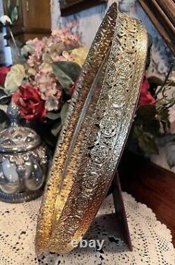 Vintage Gold Filigree Vanity Mirror &/Or Tray Ornate Brass Velvet Back WithEasel