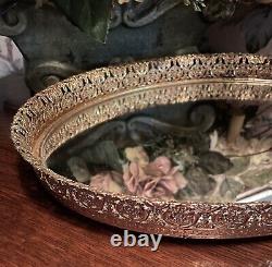 Vintage Gold Filigree Vanity Mirror &/Or Tray Ornate Brass Velvet Back WithEasel