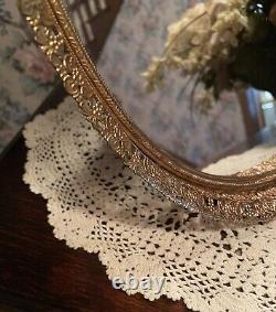 Vintage Gold Filigree Vanity Mirror &/Or Tray Ornate Brass Velvet Back WithEasel