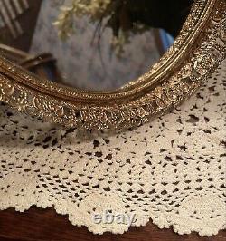 Vintage Gold Filigree Vanity Mirror &/Or Tray Ornate Brass Velvet Back WithEasel