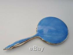 Vintage Handheld Vanity Mirror Gold Toned With Attractive Blue Pattern Back