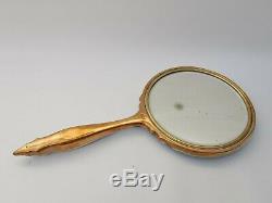 Vintage Handheld Vanity Mirror Gold Toned With Attractive Blue Pattern Back