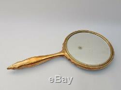 Vintage Handheld Vanity Mirror Gold Toned With Attractive Blue Pattern Back
