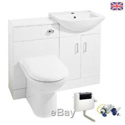 White Bathroom Suite Furniture Back To Wall Pan Vanity Basin Sink Unit & Cistern