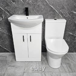 White Vanity Unit with Black Handles 550mm Closed Back Toilet Bathroom Suite