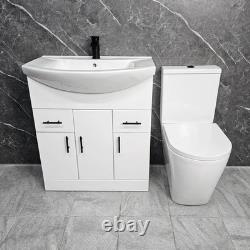 White Vanity Unit with Black Handles 750mm Open Back Tornado Toilet Suite