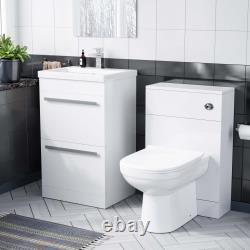 1000mm Meuble-lavabo sur pied avec 2 tiroirs, blanc laqué, avec toilettes murales encastrées