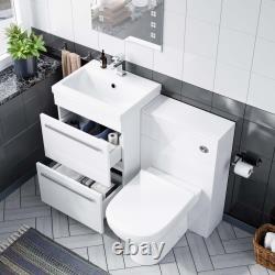 1000mm Meuble-lavabo sur pied avec 2 tiroirs, blanc laqué, avec toilettes murales encastrées