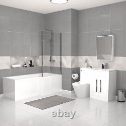 Baignoire Nes Home Blanche 1700mm Droite avec Paroi, Meuble Vasque & Suite Toilette Suspendue