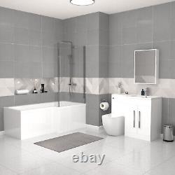 Baignoire droite Nes Home blanche 1700 mm avec paroi, meuble lavabo et suite de toilettes autoportante