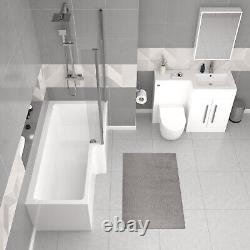 Baignoire droite Nes Home blanche 1700 mm avec paroi, meuble lavabo et suite de toilettes autoportante