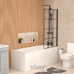 Écran de bain Nes Home avec porte de douche blanche, meuble sous-vasque, toilettes et robinetterie noire mate.
