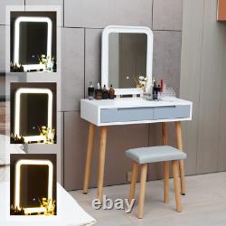 Ensemble de coiffeuse avec miroir éclairé LED, grands tiroirs et tabouret, bureau de maquillage blanc
