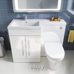 Ensemble de meuble de salle de bain blanc à main gauche de 1100 mm avec lavabo et toilettes adossées au mur