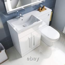 Ensemble de meuble de salle de bain blanc de 1100 mm avec lavabo et toilettes suspendues à dos mur.