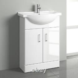 Ensemble de meubles blancs brillants : Unité de vasque de vanité + Toilette sur pied 'Back to Wall' avec meuble colonne.