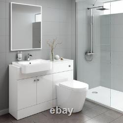 Ensemble de meubles de rangement avec lavabo de vanité et toilettes à poser contre le mur, finition blanche brillante premium