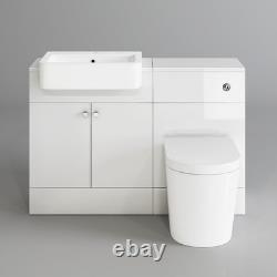 Ensemble de meubles de rangement avec lavabo de vanité et toilettes à poser contre le mur, finition blanche brillante premium