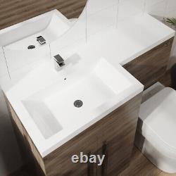 Ensemble de meubles de salle de bain en noyer de forme L avec lavabo à gauche et toilettes BTW WC de 1100 mm