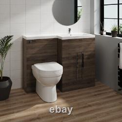 Ensemble de meubles pour salle de bain en noyer en forme de L avec meuble-lavabo à droite et toilettes BTW WC de 1100 mm.