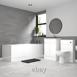 Ensemble de salle de bain Nes Home blanc 600 mm, meuble sous lavabo à 2 portes, toilettes suspendues et baignoire.