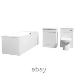 Ensemble de salle de bain Nes Home blanc 600 mm, meuble sous lavabo à 2 portes, toilettes suspendues et baignoire.