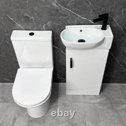 Ensemble de salle de bains, meuble sous-vasque blanc, poignée noire et dos ouvert pour toilettes