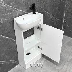 Ensemble de salle de bains, meuble sous-vasque blanc, poignée noire et dos ouvert pour toilettes