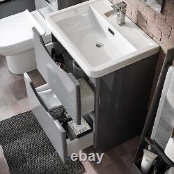 Meuble Vasque Grise Moderne 600mm avec Lavabo et Toilette Merton Adossée au Mur