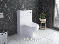 Meuble de lavabo de vanité avec toilettes dos au mur, réservoir de chasse d'eau et cuvette de toilette en blanc brillant
