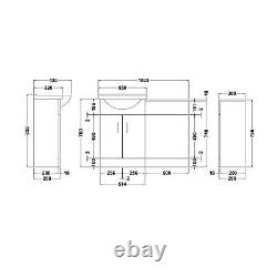 Meuble de salle de bain avec lavabo de 1050 mm, réservoir de toilette dos au mur, robinet et évacuation.