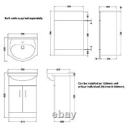 Meuble de salle de bain avec lavabo de 1050 mm, réservoir de toilette dos au mur, robinet et évacuation.