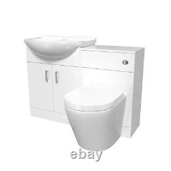 Meuble de salle de bain blanc 1150 mm avec lavabo, meuble WC et toilette adossée au mur