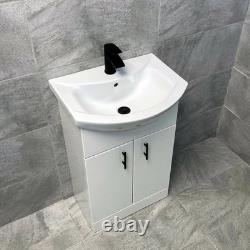 Meuble de salle de bain blanc avec poignées noires, toilettes à dos fermé, 550 mm