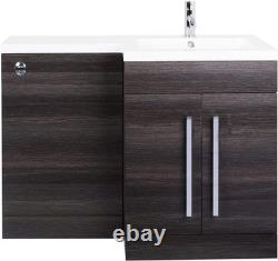 Meuble de salle de bain combiné gris droit avec lavabo, dos au mur et chasse d'eau double.