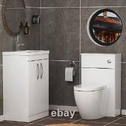 Meuble de salle de bain en blanc laqué avec lavabo à 2 portes, meuble de rangement, suite de meubles WC et cuvette BTW