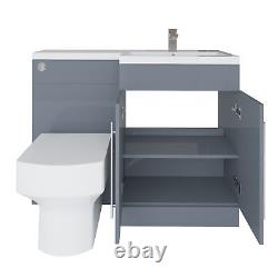 Meuble de salle de bain en forme de L, gris brillant, avec lavabo encastré et toilettes BTW, côté droit.