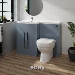 Meuble de salle de bain en forme de L, gris brillant, avec unité de toilette à gauche et lavabo BTW.