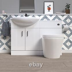 Meuble de salle de bains blanc Nes 1150 mm avec lavabo, meuble WC et toilette suspendue.