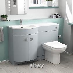 Meuble de salle de bains gauche 1100mm en gris mat avec lavabo, unité WC et toilettes à poser contre le mur