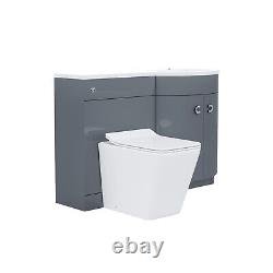 Meuble de salle de bains gris 1100 mm avec lavabo à droite et toilettes suspendues contre le mur