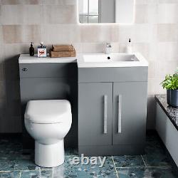 Meuble-lavabo gris clair autoportant Nes Home 1100 mm avec toilette à l'arrière et bidet.