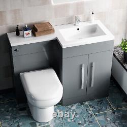 Meuble-lavabo gris clair autoportant Nes Home 1100 mm avec toilette à l'arrière et bidet.