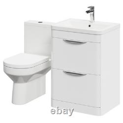 Meuble vasque Bergen Gloss White 600 mm sur pied à 2 tiroirs avec dos ouvert et toilettes ouvertes
