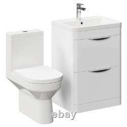 Meuble vasque Bergen Gloss White 600 mm sur pied à 2 tiroirs avec dos ouvert et toilettes ouvertes