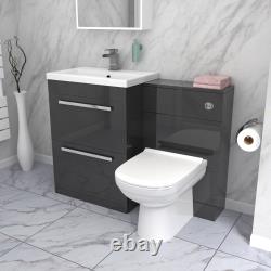 Meuble vasque Nes Home 1100 mm gris foncé à 2 tiroirs, WC et toilettes à poser adossées arrondies