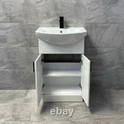 Meuble vasque blanc avec poignées noires 550 mm, dos ouvert, ensemble salle de bains WC