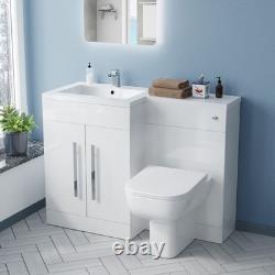 Meuble vasque blanc brillant NES pour lavabo à gauche 1100 mm et WC sans rebord adossé au mur


	 <br/> 