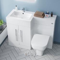 Meuble vasque blanc brillant NES pour lavabo à gauche 1100 mm et WC sans rebord adossé au mur

 <br/> 
 