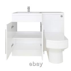 Meuble vasque de salle de bains en forme de L, main gauche, blanc brillant, avec lavabo et toilettes BTW.